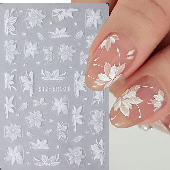 3D White Flower Nail Art Stickers Cute Floral Adhesive Sliders Acrylic