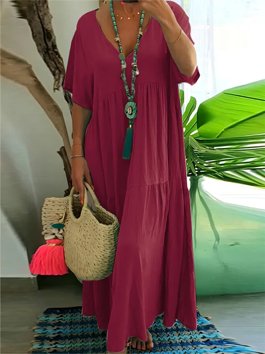 plus%20Size%20Women's%20Casual%20Loose%20V-Neck%20Long%20Dress%20Solid%20Pleated%20Big%20Size%20Spring%20Summer%20Comfortable%20Fit%20Maxi%20Dress%20-%20Image%207