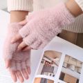 Women Lovely Winter Fingerless Thicken Warm Gloves-Girls Fashion Screen Fingerless Trendy woolen Gloves. 