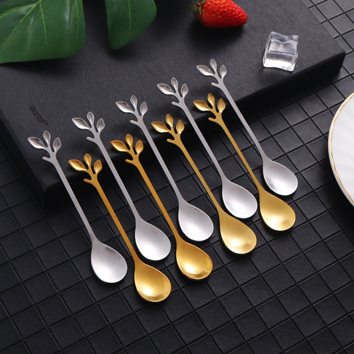 6PCS Creative Personality Stainless Steel Gold Spoons Tree Leaf Spoon Coffee Spoon Tea Spoon Home Restaurant Dessert Cutlery Set