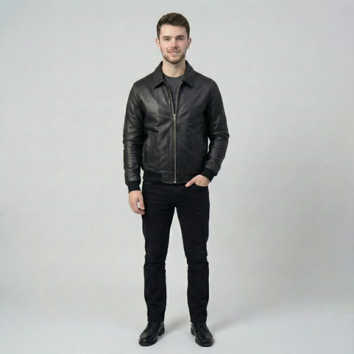 Men’s Faux Leather Bomber Jacket – Full Zip, Brown/Black - Image 3