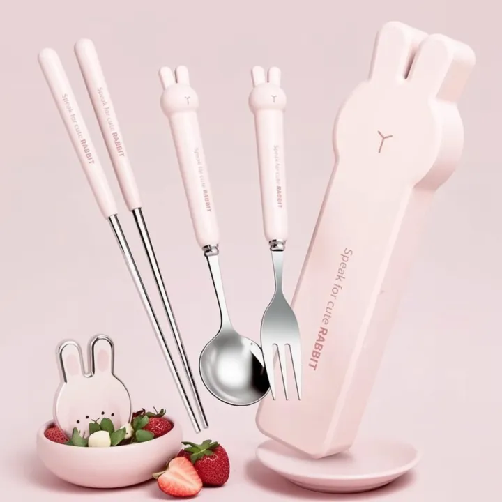 WORTHBUY%203/4PCS%20Cute%20Portable%20Dinnerware%20Set%20Reusable%20304%20Stainless%20Steel%20Fork%20Spoon%20Chopsticks%20With%20Box%20Cutlery%20For%20Kid%20Student%20-%20Image%202