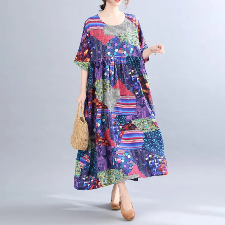 Plus%20size%20women's%20dress,%20abstract%20pattern%20printed%20short%20sleeved%20round%20neck%20ultra%20loose%20robe,%20summer%20beach%20dress%20with%20pockets%20-%20Image%203