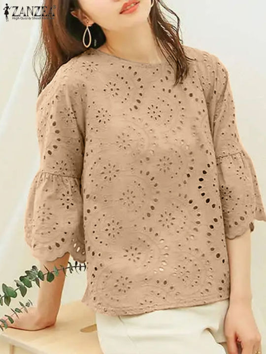 2024%20ZANZEA%20Women%20Elegant%20Lace%20Crochet%20Blouse%20Female%20Summer%20Tops%20Holiday%20Shirt%20Work%20OL%20Tops%20Stylish%203/4%20Sleeve%20Patchwork%20Blusas%20-%20Image%204