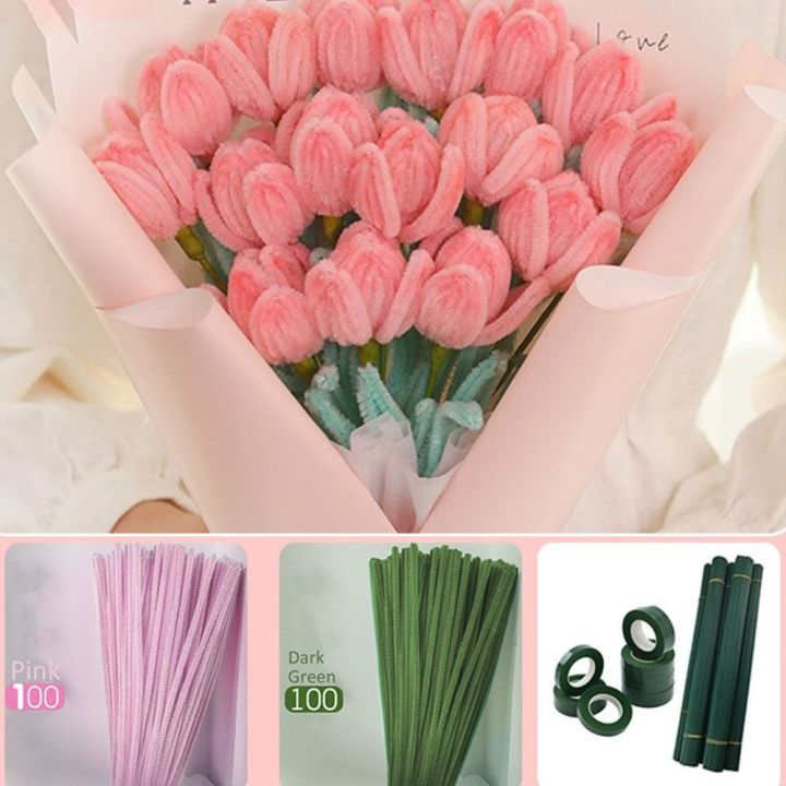 100pcs Macaron Color Fuzzy Wire DIY Tulips Flower Bouquet Valentine Birthday Handmade Gift