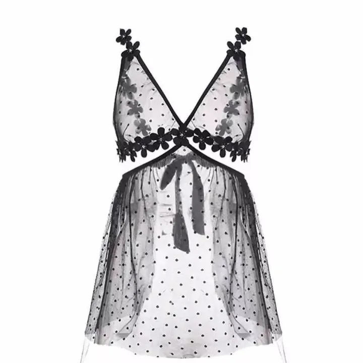 Lingerie%20Polka%20Dot%20Lace%20Sleepwear%20Women's%20Nightie%20V-neck%20See%20Through%20Gauze%20%20Night%20Dress%20Ladies%20Nightgown%20Nightwear%20XL%20-%20Image%202
