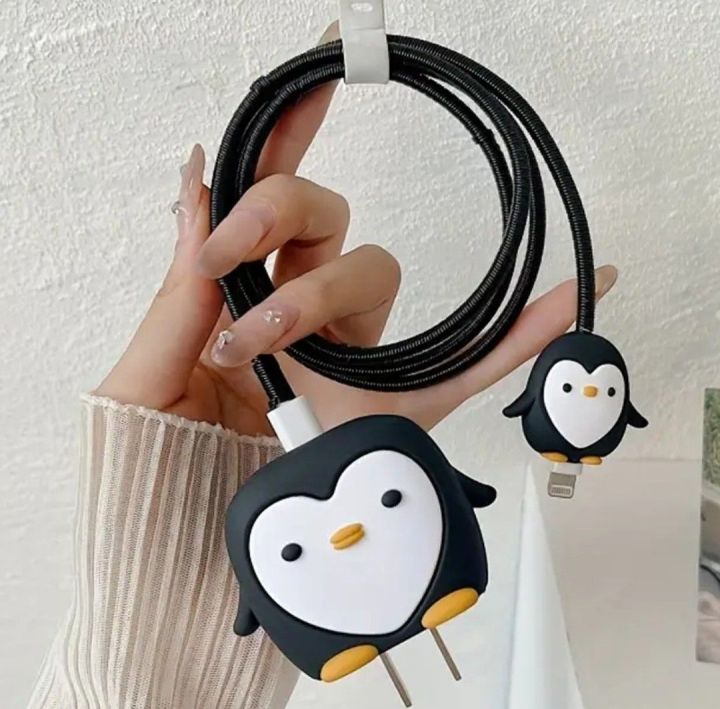 Cute Penguin Cartoon Phone Charger Protractor Cover for iphone x to 15 pro max 20w Charger