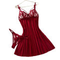 Wine Red Ladies' Countryside Style Wheat Ear Embroidery Semi Transparent Nightgown, Elegant and Comfortable, Bow Design ZA825066. 
