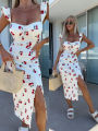 European and American summer new elegant design French flower suspender slit midi-length ladies dress.