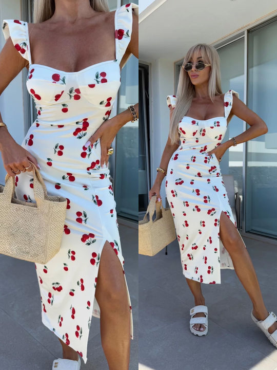 European and American summer new elegant design French flower suspender slit midi-length ladies dress