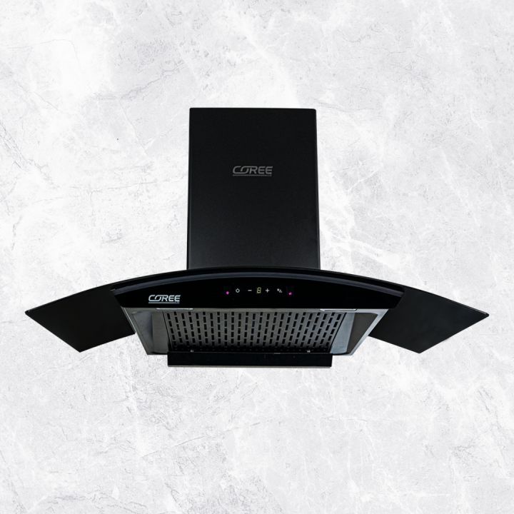 Coree 90CM Curved Glass Electric Chimney With Hand Gesture And Auto Clean Function