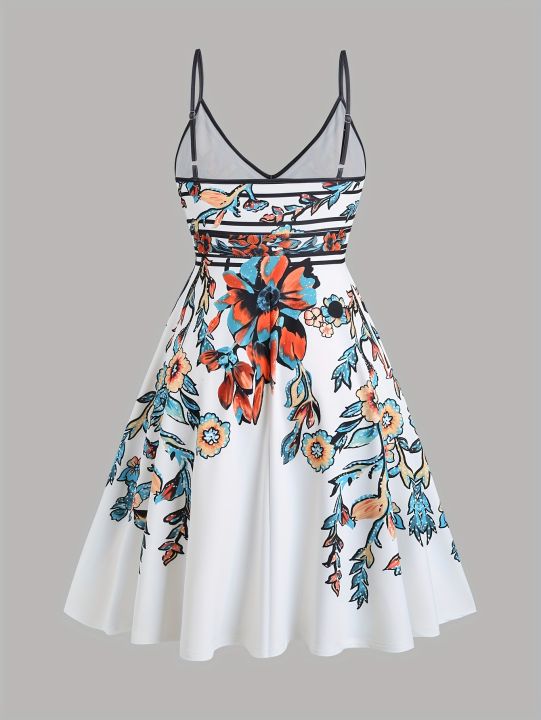 Summer%20Holiday%20Flower%20Leaf%20Printing%20Plus%20Size%20Dress%20Trumpet%20A-Shaped%20Sling%20Mini%20Dress%20-%20Image%202