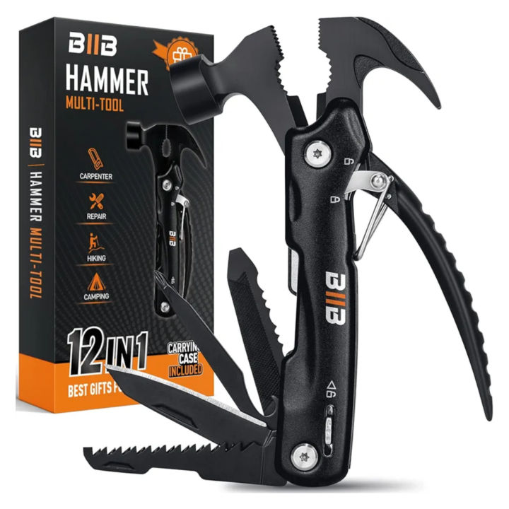 12-in-1 Multifunctional Hammer Tool for Men, Portable Mini Hammer with Nail Clipper, Pliers, Knife, Saw, Screwdrivers, Bottle Opener, Gift for Dad, Grandpa, Husband, DIYers, Camping, Outdoor & Home Use, Compact Stainless Steel Heavy-Duty Tool with Case