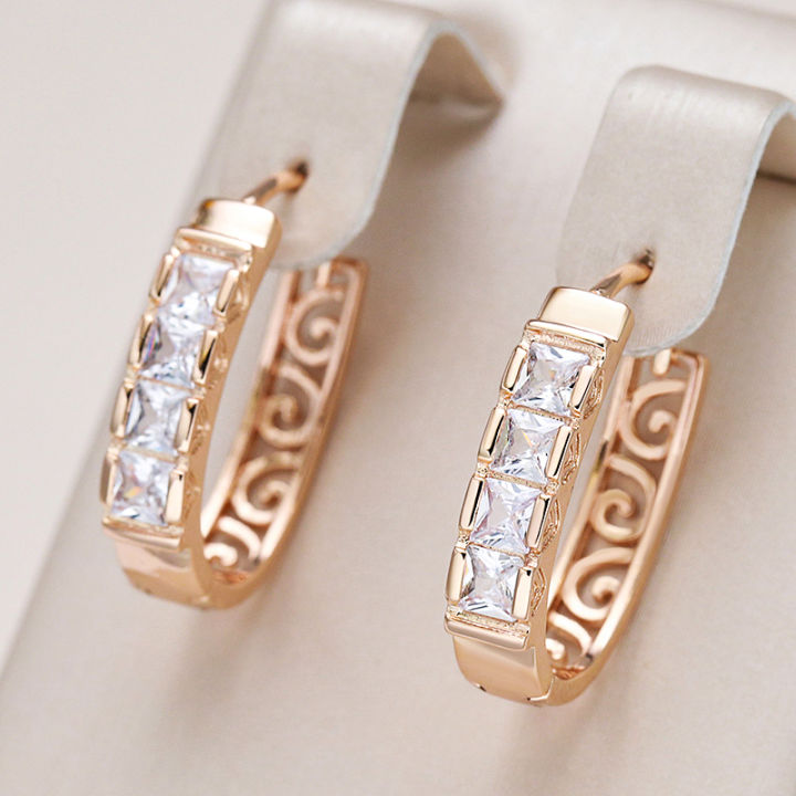 Kinel New Fashion Natural Zircon Hoop Earrings for Women 585 Rose Gold Color Hollow Flower Fine Wedding Party Jewelry