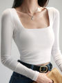 Women Ribbed Square Neck Crop Top With Long Sleeve.