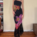 Sexy Black Dresses Women New Summer Lace Fashion Print Sleeveless Backless Strap Maxi Dress Casual Club Elegant Female Dresses. 