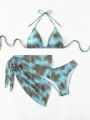 Women's 3 Piece Gradient Tie Dye Bathing Suit Lace Up High Cut Bikini with Beach Skirt.