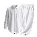 Men's Autumn Loose Trend Linen Solid Color Simple Lapel Long-Sleeved Shirt Beach Trousers Set.