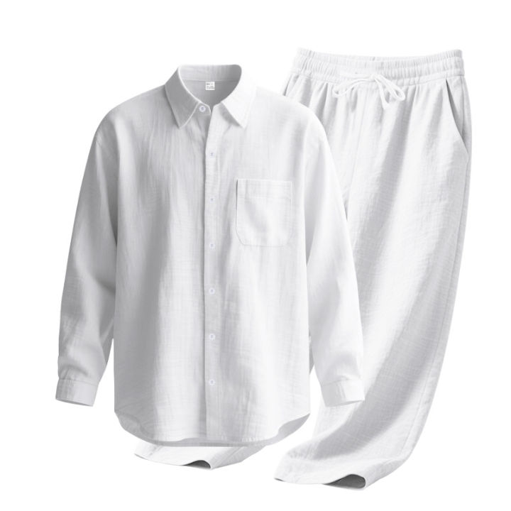 Men's Autumn Loose Trend Linen Solid Color Simple Lapel Long-Sleeved Shirt Beach Trousers Set