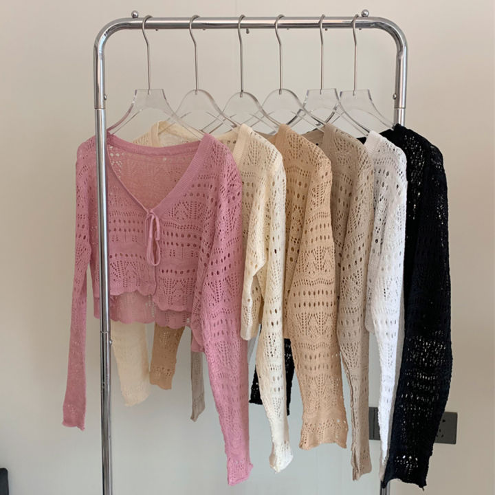 Bolero Cardigan Women Long Sleeve Tie Front Openwork Crop Shrug Top Lightweigh Cover Up Teen-girl Spring Summer Y2K 90s Outfit