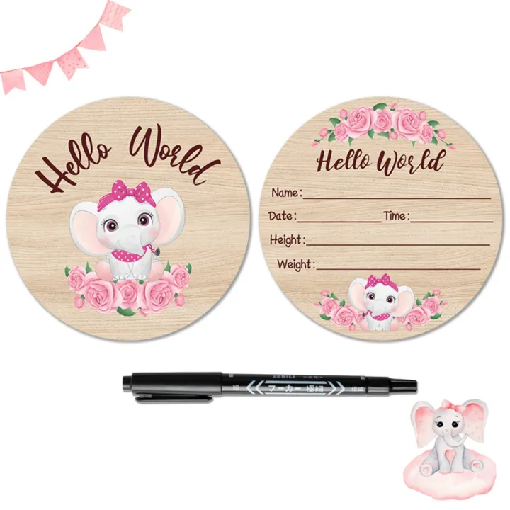 1pcs%20Pink%20Elephant%20Baby%20Birth%20Announcement%20Board%20Wooden%20Sign%20with%20Black%20Marker%20for%20Newborn%20Photo%20Prop%20Customizable%20Baby%20Keepsake%20-%20Image%202