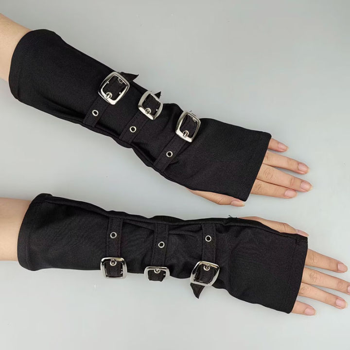 Women Half Finger Metal Buckle Belt Rivet Punk Hip Hop Party Cosplay Dance Mitten Black Fingerless Milk Silk Glove Cuff R46