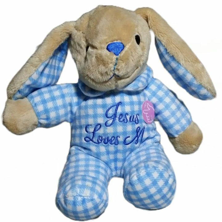 Dan Dee Plush Bunny Rabbit Sings Jesus Loves Me Blue Gingham with music 10 inch