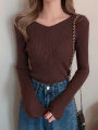 2026 Autumn Winter Women Solid Rib Knit V Neck Stripe Pull Sweater Femme Long Sleeve Pullover Jersey Tops Fashion Clothes Y2k. 