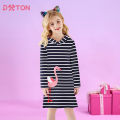 DXTON Hooded Girls Dress Flamingo Children Hoodied Dress Striped Cotton Toddler Straight Dresses Applique Winter Kids Daily Wear. 