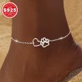 925 sterling silver women's ankle bracelet with double-layer cat claw and heart-shaped charms, Bohemian-style vacation jewelry.