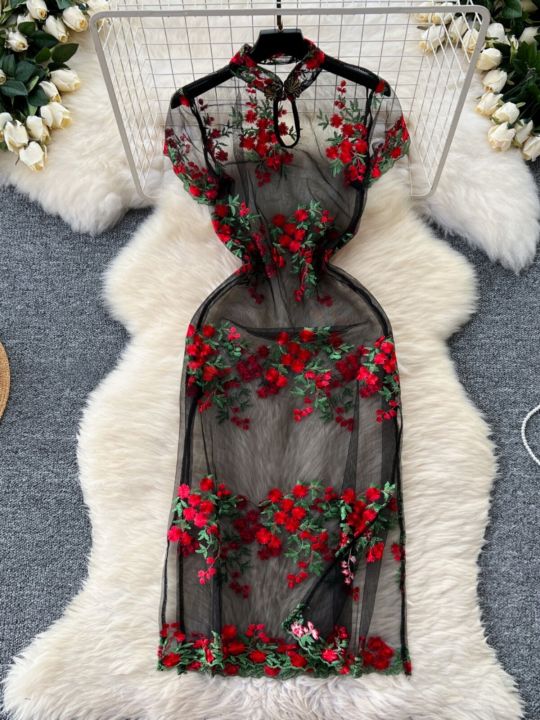 Woman Embroidery Floral Mesh Fashion Dress Chinese Style Short Sleeve Split Hollow Out Cheongsam New Gauze Sheer Dress