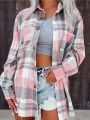 Women Plus Size Fashion Plaid Printed Shirt Casual Loose Long Sleeved Shirt  Lapel Design Shirt Tops. 