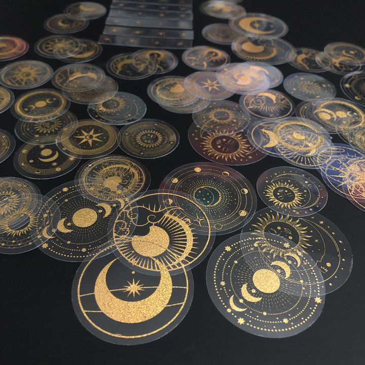 70%20pcs%20Glitter%20Gold%20PET%20Adhesive%20Stickers%20Waterproof%20Transparent%20Label:%20SUN%20MOON%20Stars%20Etc%20-%20Image%205