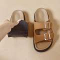Women’s Slip-On Sandals – Double Buckle, Cushioned Sole, Casual Summer Footwear (Black, White, Brown). 