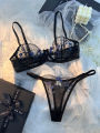 Ladies Classic Black Blue Floral Print Ultra-Thin Bra And Panties Set Elegant Underwear Combo for Women.