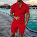 Men's Athletic T-Shirt Set Casual Mesh Lapel Short Sleeve Pullover Tops+Shorts 2-Piece Solid Thin Sporty Suits Black 2pcs Sets.