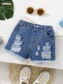 Girls' denim shorts baby children's summer wear woolly edge elastic waist denim blue. 