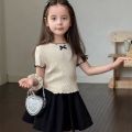 Toddler Girls Ruffle Trim Bow Knit T-Shirt 4-8 Years Kids Short Sleeve Ribbed Tops Casual Cute Summer Tee for Little Girls.