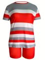 Trendy Plus Size Women's Two Piece Set Striped Short Sleeve Top and High Waist Shorts Casual Outfit. 