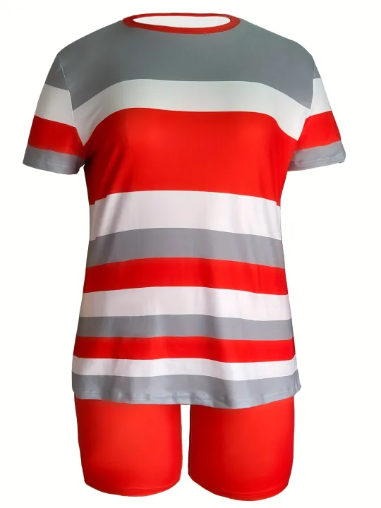 Trendy%20Plus%20Size%20Women's%20Two%20Piece%20Set%20Striped%20Short%20Sleeve%20Top%20and%20High%20Waist%20Shorts%20Casual%20Outfit%20-%20Image%203