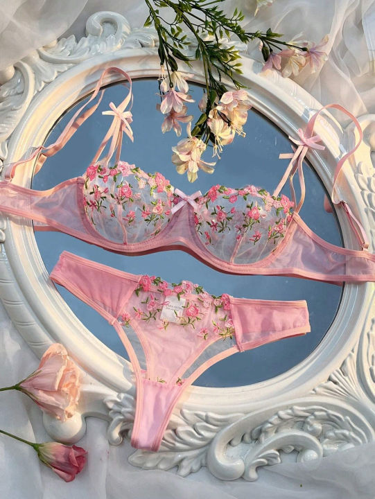 Sweety%20Women%20Floral%20Embroidery%20Bra%20And%20Briefs%20Set%20Hollow%20Sleepwear%20Underwear%20Ultrathin%20Lace%20Transparent%20Babydoll%20Cute%20No-pad%20Bow%20-%20Image%202