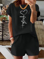 Summer Women's Fashionable Heart-Shaped Cross Print Casual Loose Round Neck Short Sleeved T-Shirt Shorts Two-Piece Set.
