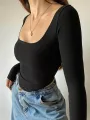 2022 Square Collar Long Sleeve Casual Women T Shirts Green Autumn Skinny Sexy Solid Basic Crop Tops Fashion Streetwear. 