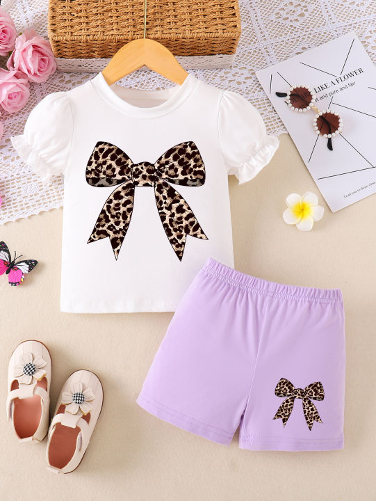 Children Eden 0-3yrs old newborn baby girl leopard bowknot ruffle short sleeve t-shirt purple shorts summer clothing sets for in