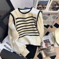 women Black and white striped fake two-piece knitted sweaters pring and autumn Korean soft glutinous pullover sweater female. 