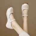 2026 Spring Women’s Mom Shoes–Soft Sole Non‑Tiring Shallow Pumps, Thick Platform Casual Leather with One‑Buckle, Wedge Heel.
