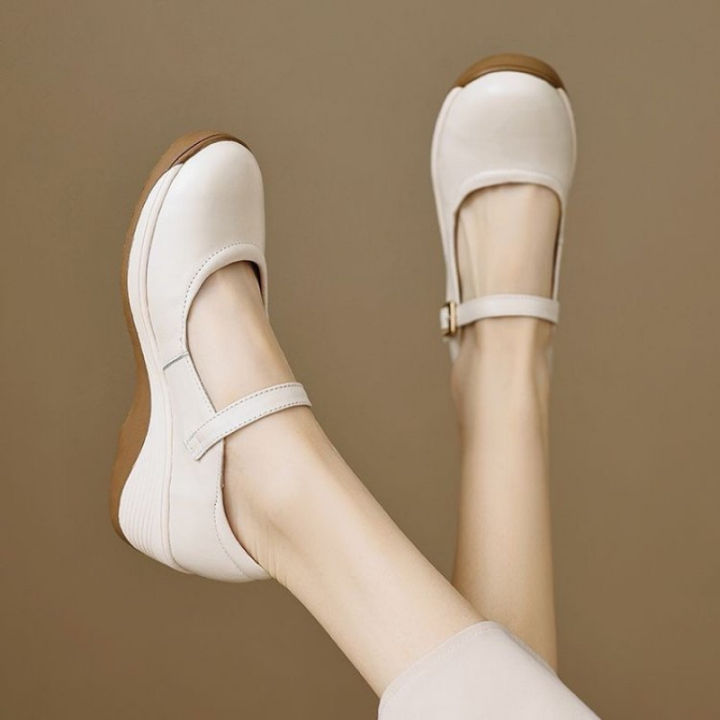 2026 Spring Women’s Mom Shoes–Soft Sole Non‑Tiring Shallow Pumps, Thick Platform Casual Leather with One‑Buckle, Wedge Heel