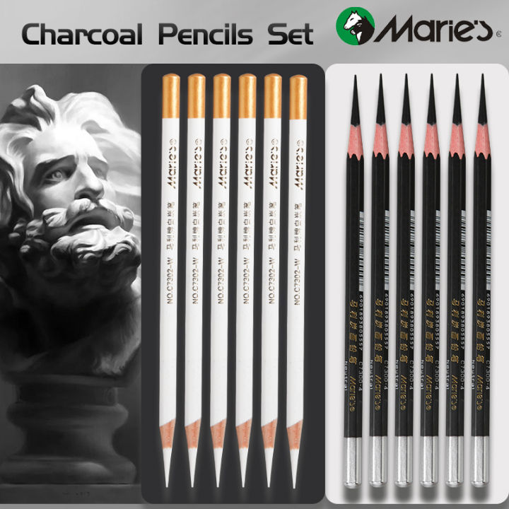 12pcs Marie's White Charcoal Pencils Set,Sketch Highlight Pencils,for Sketching,Shading,Blending,Supplies for Beginners,Artists