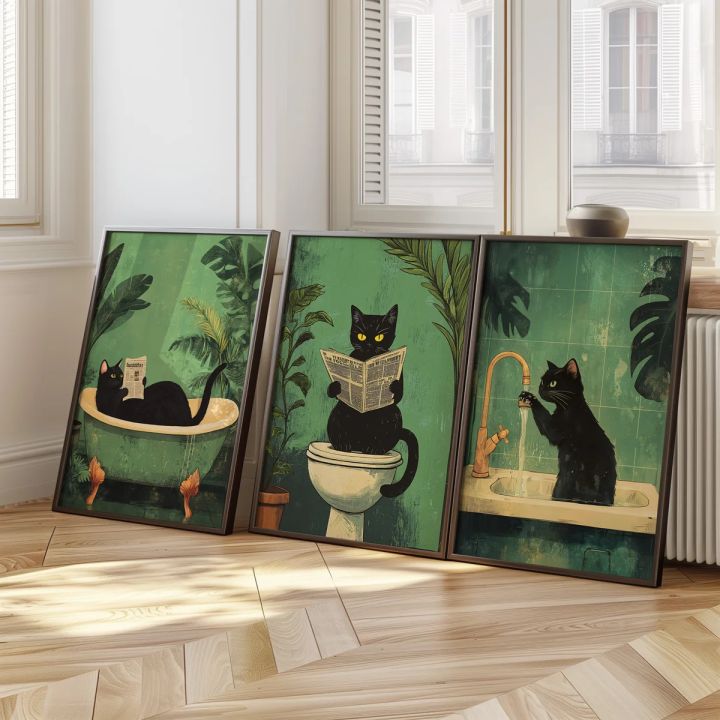 Funny Bathroom Black Cat Canvas Poster Retro Animal Toilet Wall Art ...