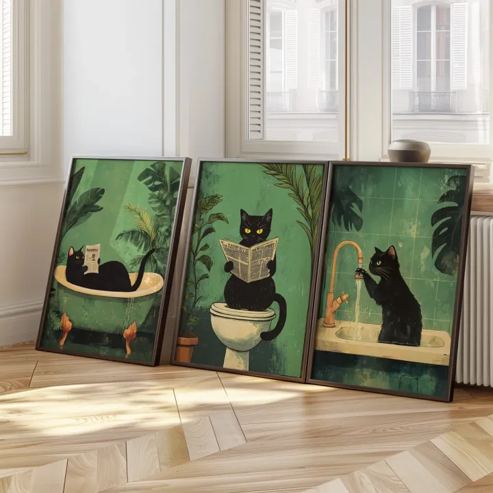 Funny Bathroom Black Cat Canvas Poster Retro Animal Toilet Wall Art ...
